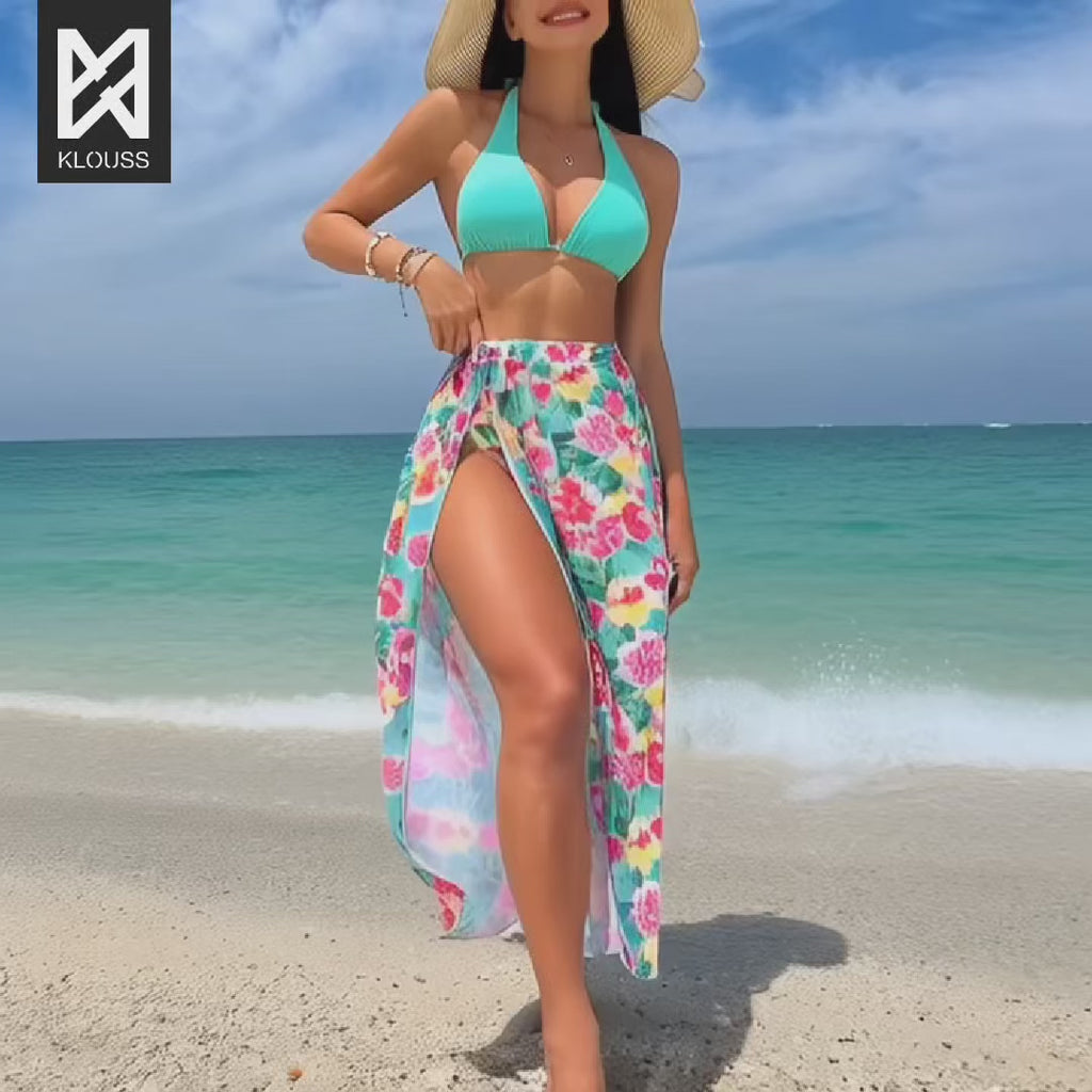 tricao Precioso conjunto de bikini de verano para mujer de 3 piezas con falda larga, sosten y calzón. De estampado floreado disponible en dos lindos colores. Ideal para la playa o la piscina - chile - klouss - tienda